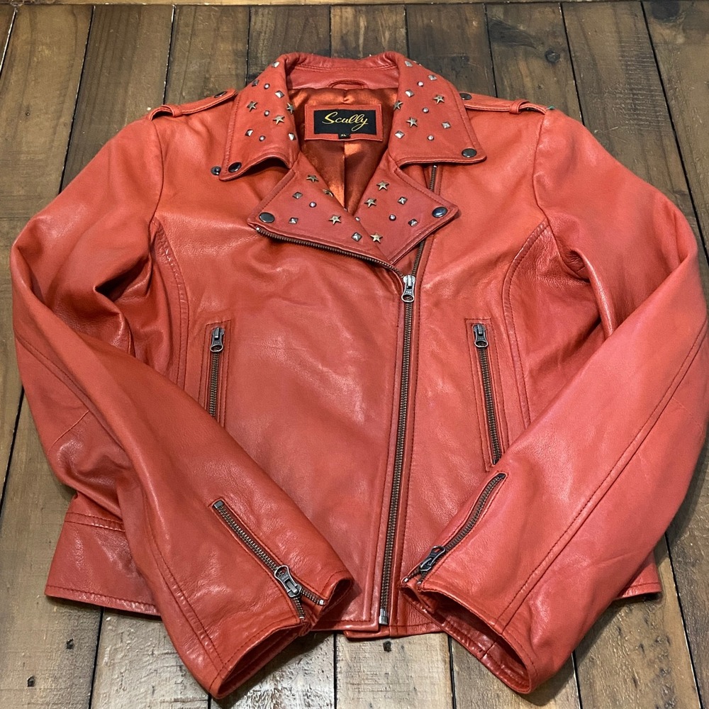 Scully Womens Orange Leather Studded Star Moto Biker Jacket XL Western Rocker